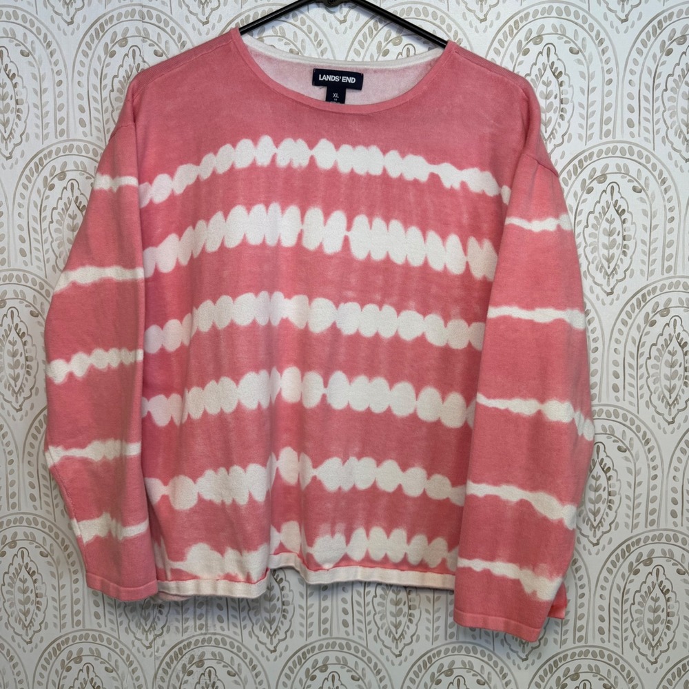 Lands End Womens XL Pink White Tie Dye Striped Cotton Knit Sweater Pullover - Picture 1 of 6